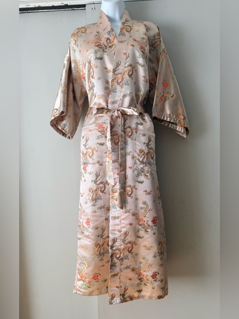 Silk-Feel Pink Floral Kimono Robe with Belt